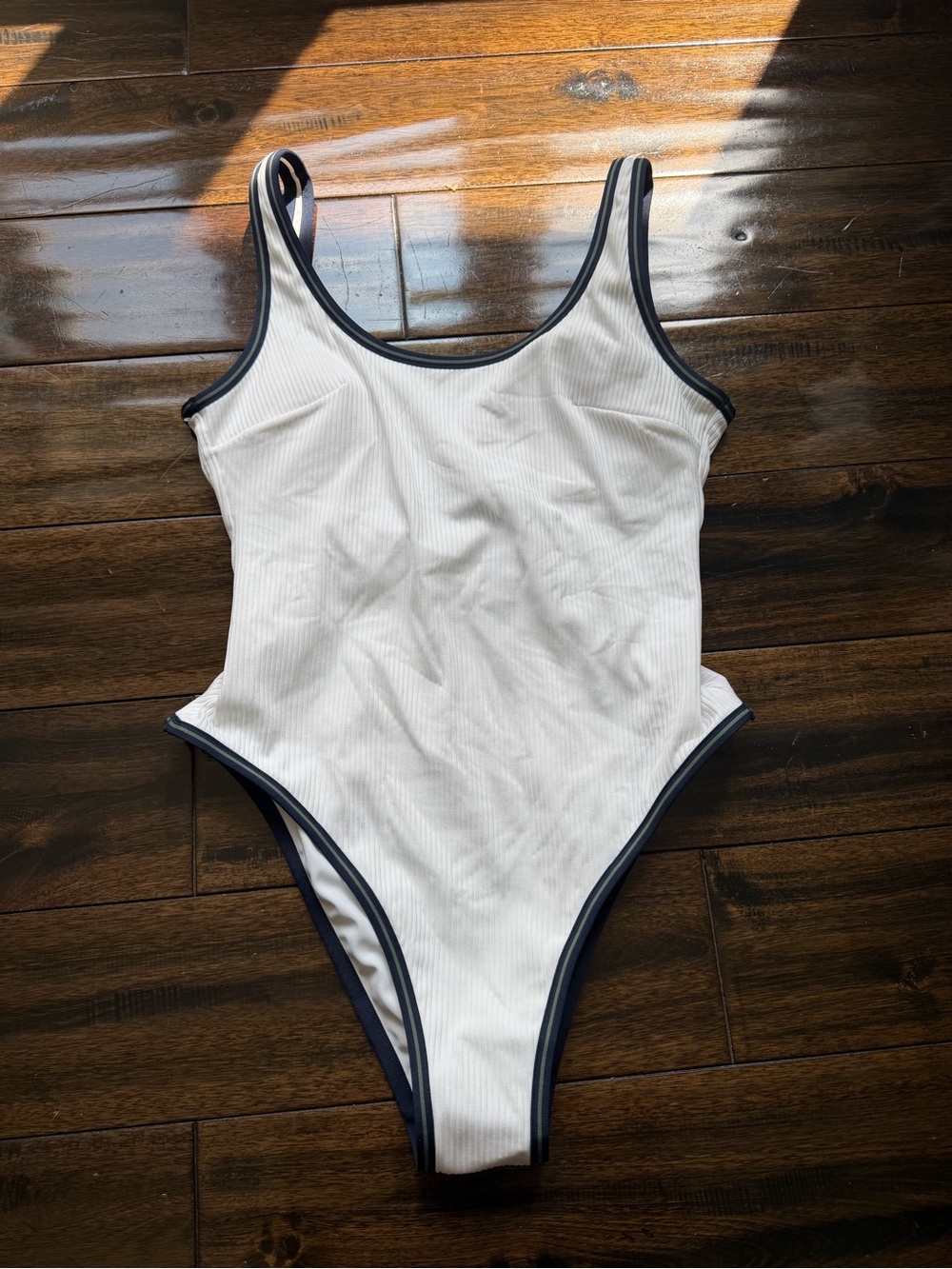 H&M White Ribbed One-Piece Swimsuit with Navy & Green Trim